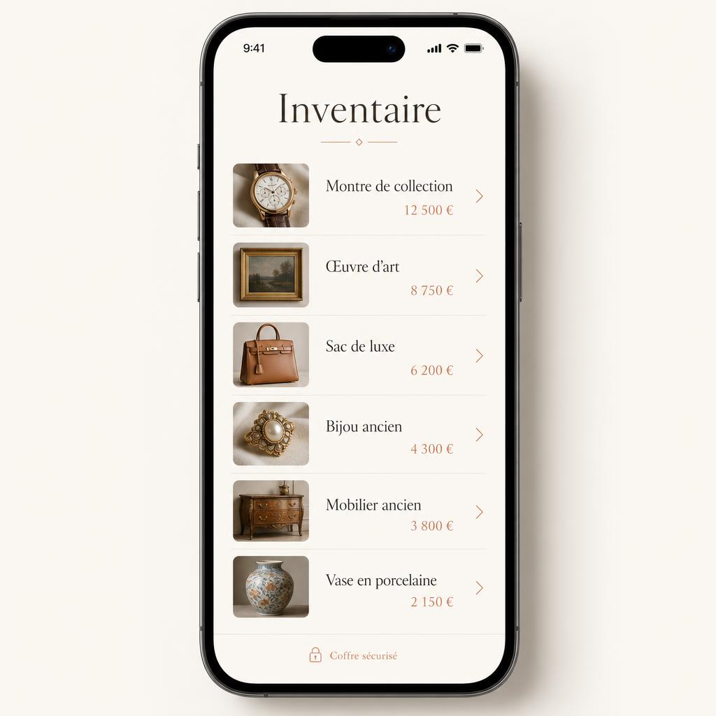 Aperçu de l’application SOFIA for Home : inventaire d’objets de valeur avec estimations et coffre sécurisé